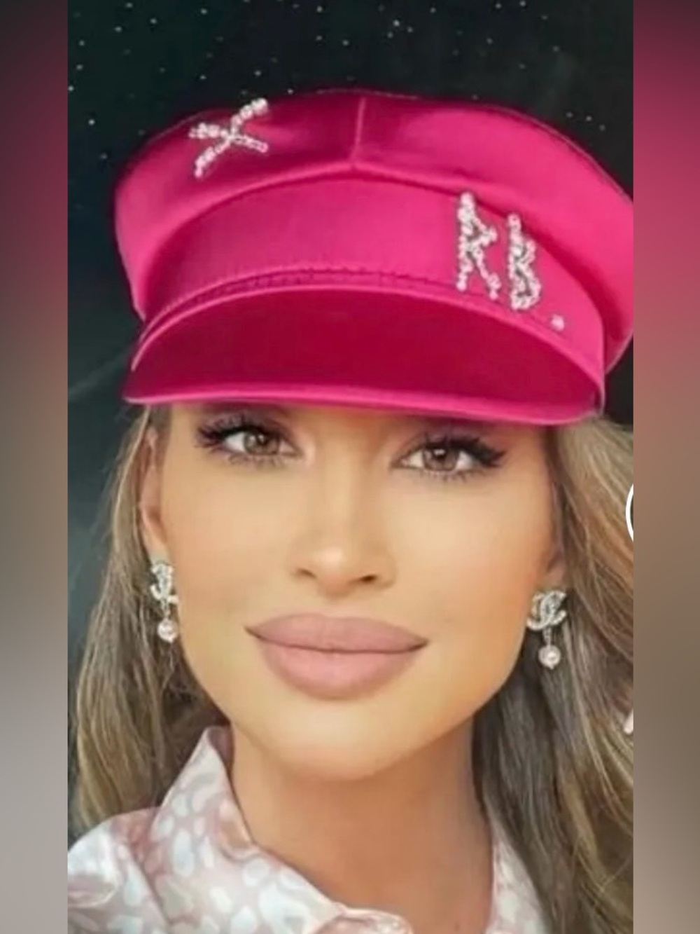 Hot Pink Satin Baker Boy Cap with Crystal Letter Detail